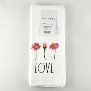 Rae Dunn Set of Two Kitchen Towel 100% Cotton Artisan Collection Flowers LOVE